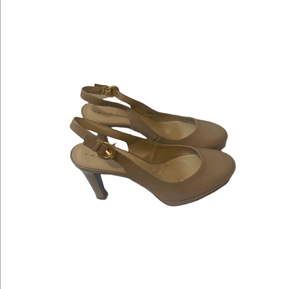 Tahari Patent Leather sling back pumps.